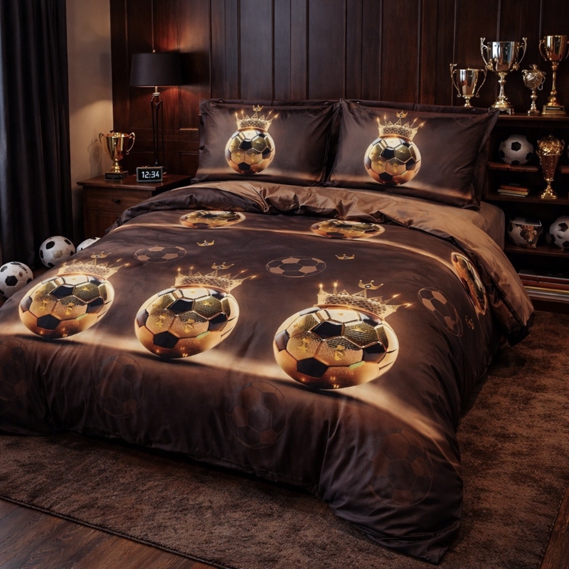 Poze Lenjerie pat dublu, bumbac satinat, cearsaf clasic, 4 piese, Maro, mingii de fotbal cumparamisim.ro