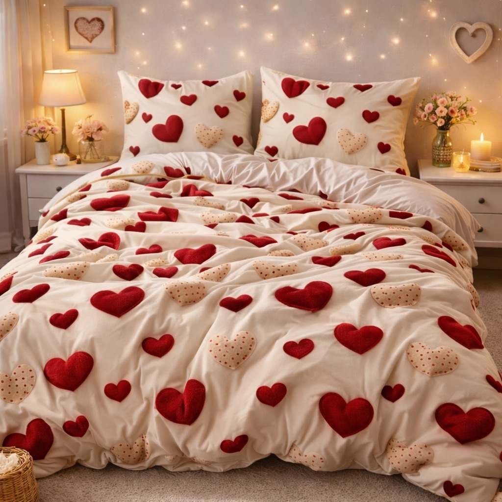 Poze Lenjerie pat dublu, bumbac satinat, cearsaf clasic, 4 piese, Bej, inimioare cumparamisim.ro