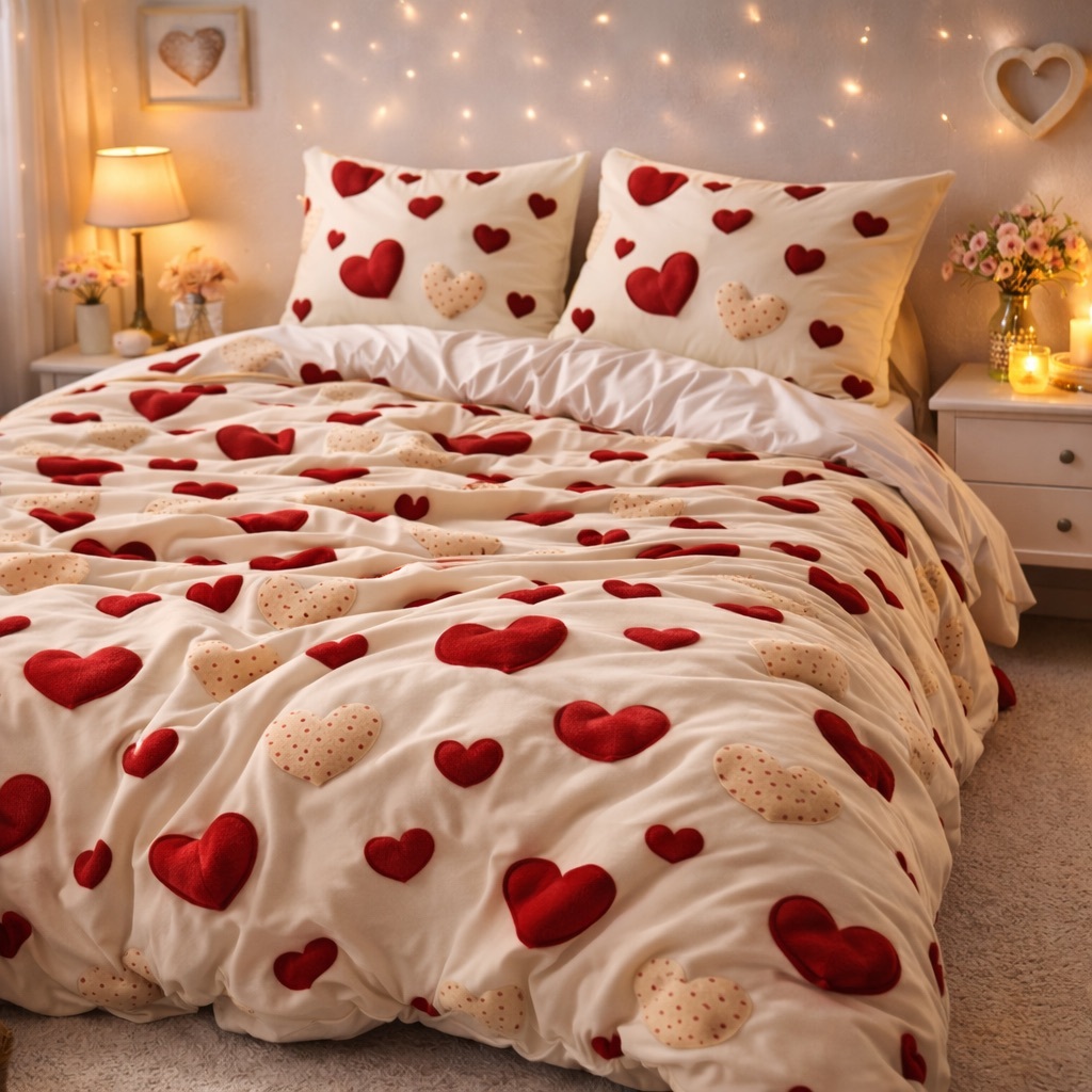 Poze Lenjerie pat dublu, bumbac satinat, cearsaf clasic, 4 piese, Bej, inimioare cumparamisim.ro