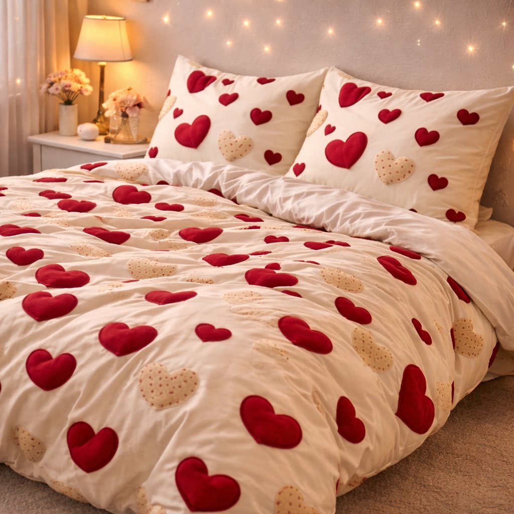Poze Lenjerie pat dublu, bumbac satinat, cearsaf clasic, 4 piese, Bej, inimioare cumparamisim.ro