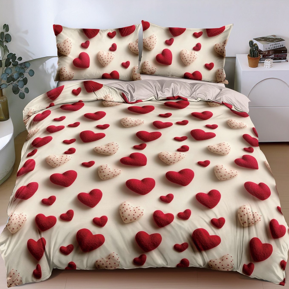 Poze Lenjerie pat dublu, bumbac satinat, cearsaf clasic, 4 piese, Bej, inimioare cumparamisim.ro