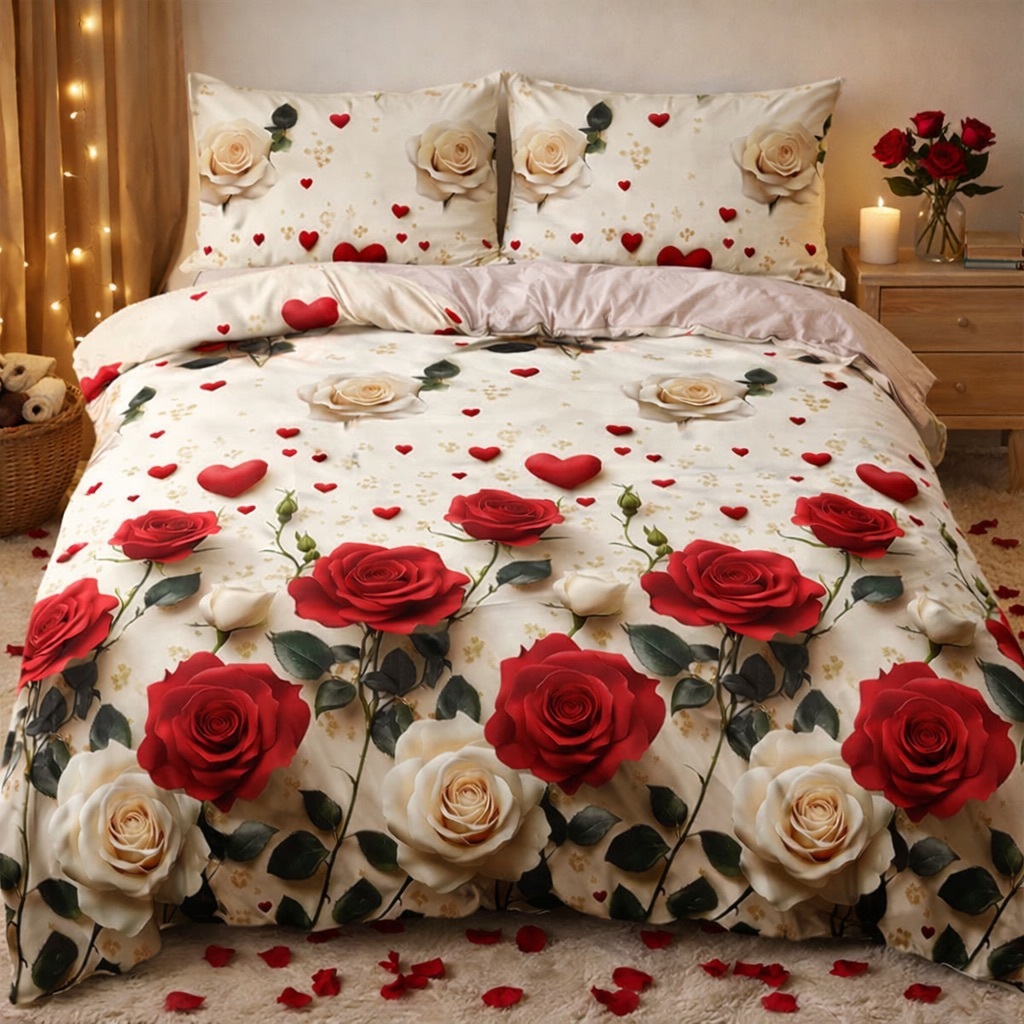 Poze Lenjerie pat dublu cu Elastic, bumbac satinat, Bej, trandafiri cumparamisim.ro