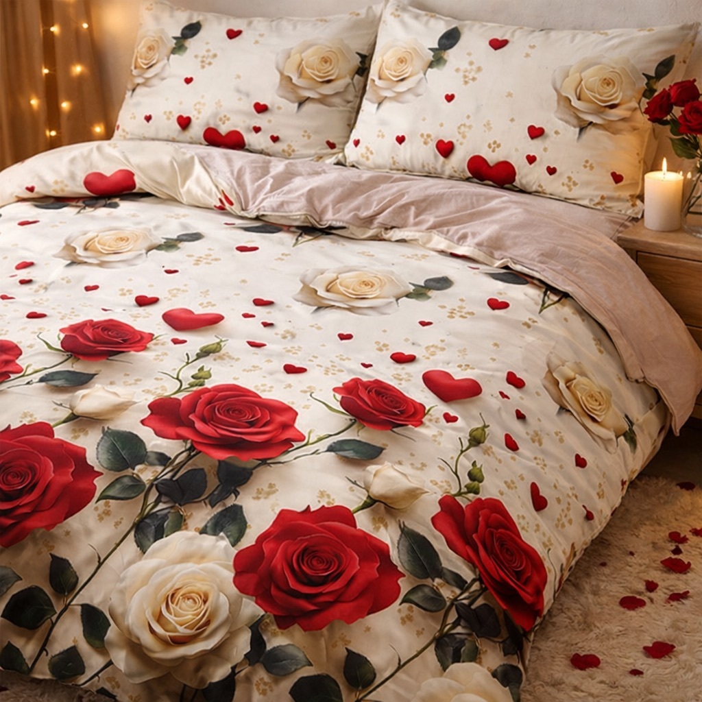 Poze Lenjerie pat dublu cu Elastic, bumbac satinat, Bej, trandafiri cumparamisim.ro
