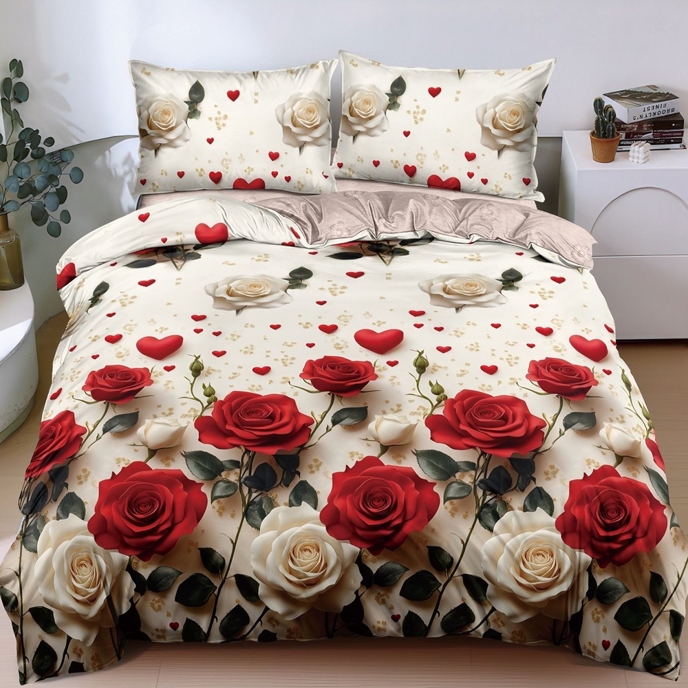 Poze Lenjerie pat dublu cu Elastic, bumbac satinat, Bej, trandafiri cumparamisim.ro