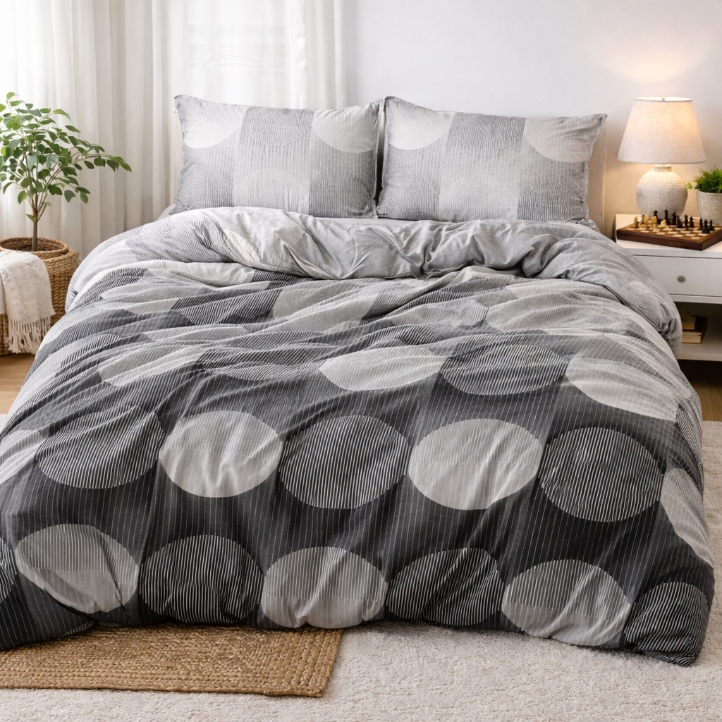 Poze Lenjerie pat dublu, bumbac satinat, cearsaf clasic, 4 piese, Gri, abstract cumparamisim.ro