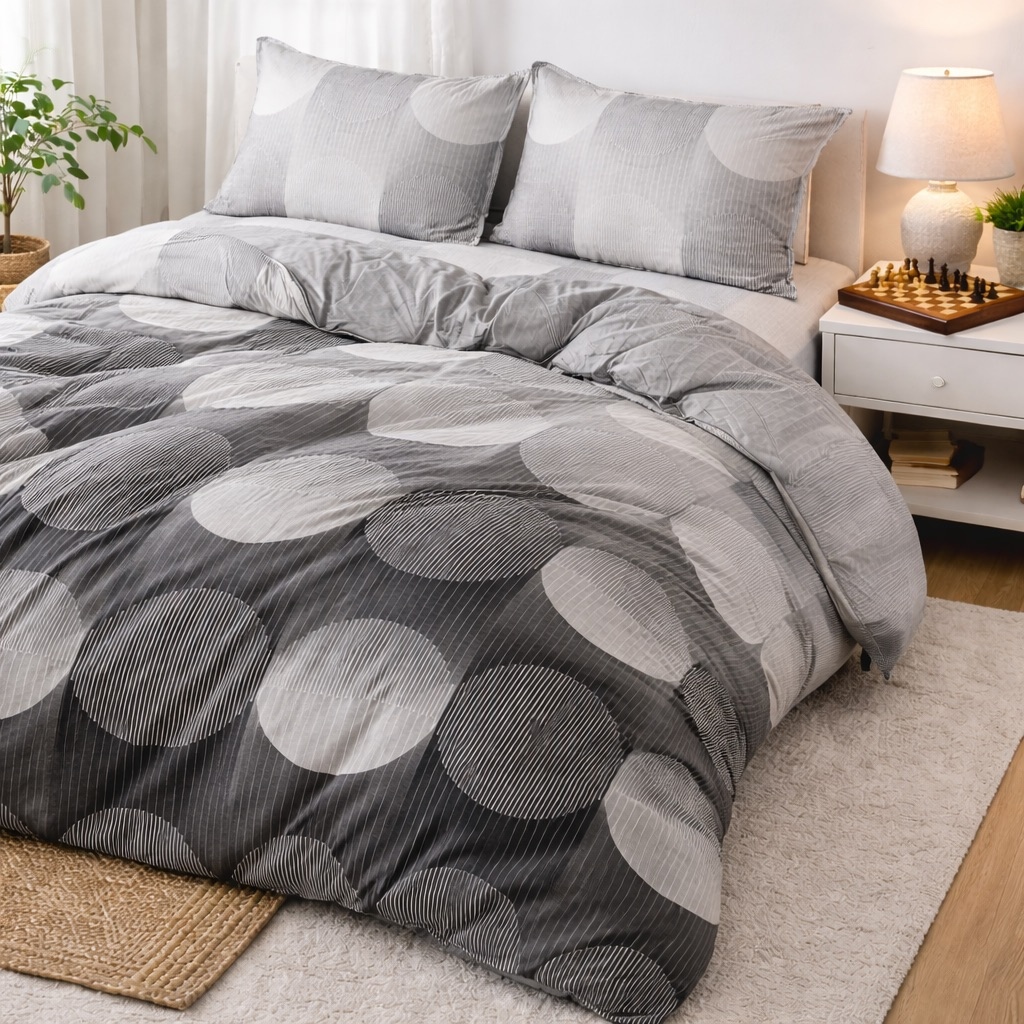 Poze Lenjerie pat dublu, bumbac satinat, cearsaf clasic, 4 piese, Gri, abstract cumparamisim.ro