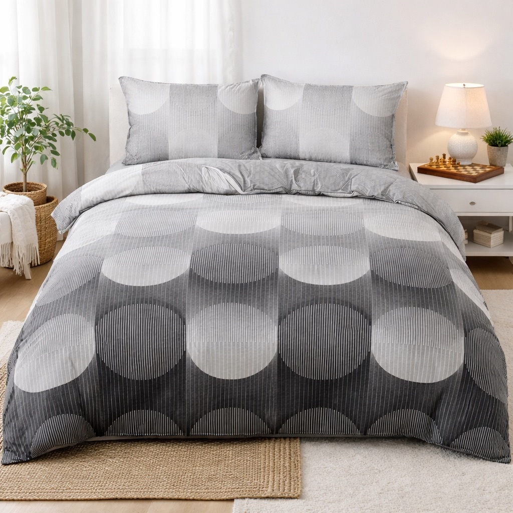 Poze Lenjerie pat dublu cu Elastic, bumbac satinat, Gri, abastract cumparamisim.ro