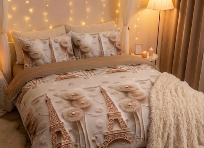 Poze Lenjerie pat dublu, bumbac satinat, cearsaf clasic, 4 piese, Gri, Paris cumparamisim.ro