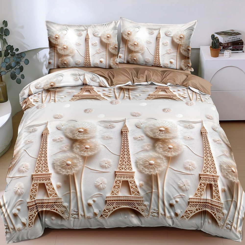 Poze Lenjerie pat dublu, bumbac satinat, cearsaf clasic, 4 piese, Gri, Paris cumparamisim.ro