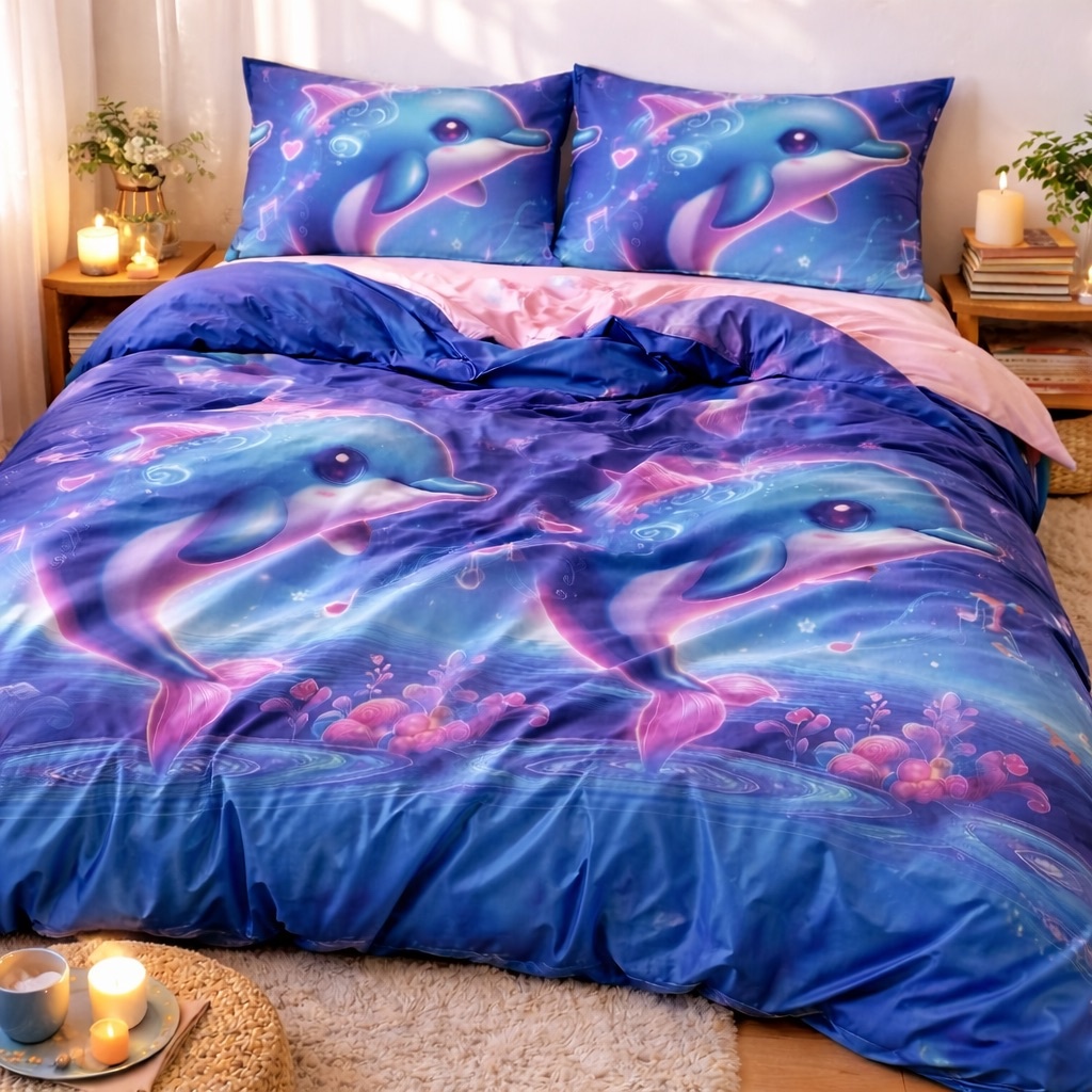 Poze Lenjerie pat dublu, bumbac satinat, cearsaf clasic, 4 piese, Albastru, delfini cumparamisim.ro