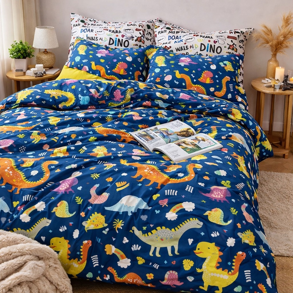 Poze Lenjerie pat dublu, bumbac satinat, cearsaf clasic, 4 piese,  Albastru, Dinozauri cumparamisim.ro
