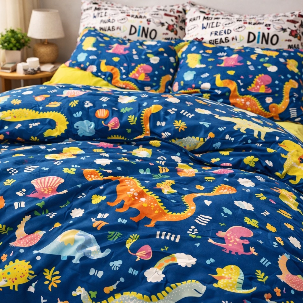 Poze Lenjerie pat dublu, bumbac satinat, cearsaf clasic, 4 piese,  Albastru, Dinozauri cumparamisim.ro