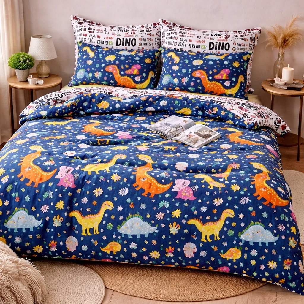 Poze Lenjerie pat dublu, bumbac satinat, cearsaf clasic, 4 piese,  Albastru, Dinozauri cumparamisim.ro