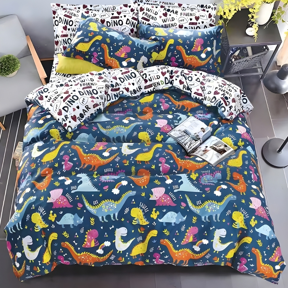 Poze Lenjerie pat dublu, bumbac satinat, cearsaf clasic, 4 piese,  Albastru, Dinozauri cumparamisim.ro