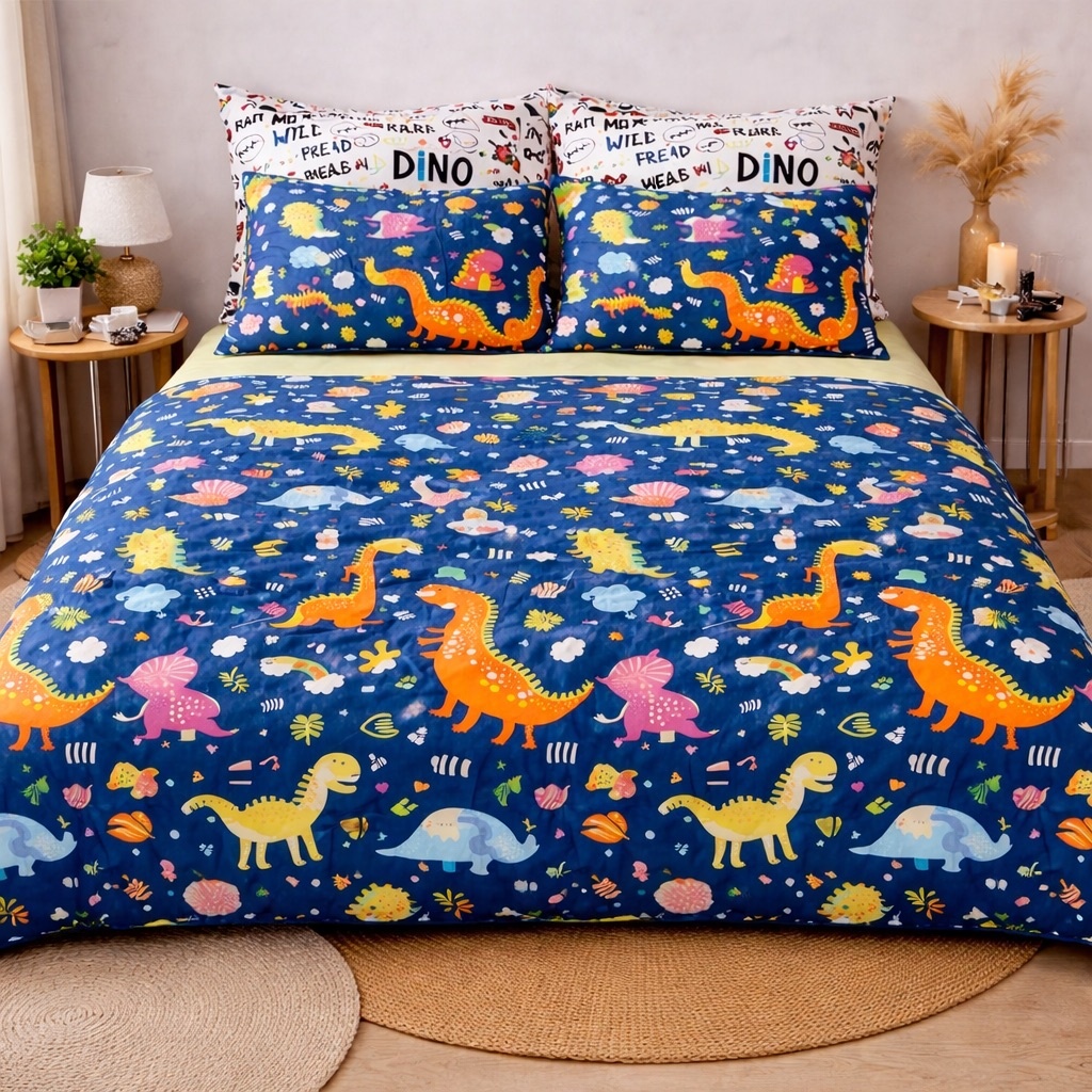 Poze Lenjerie pat dublu, bumbac satinat, cearsaf clasic, 4 piese,  Albastru, Dinozauri cumparamisim.ro