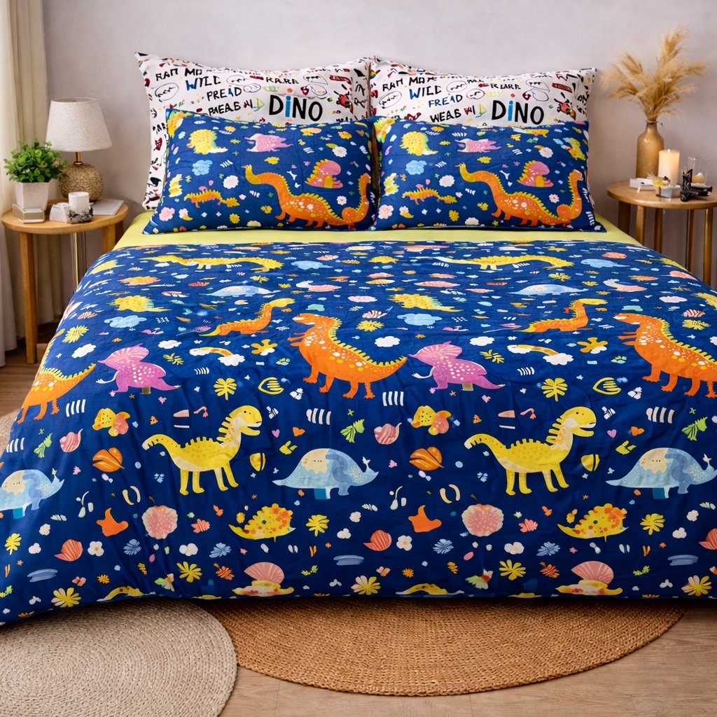 Poze Lenjerie pat dublu, bumbac satinat, cearsaf clasic, 4 piese,  Albastru, Dinozauri cumparamisim.ro