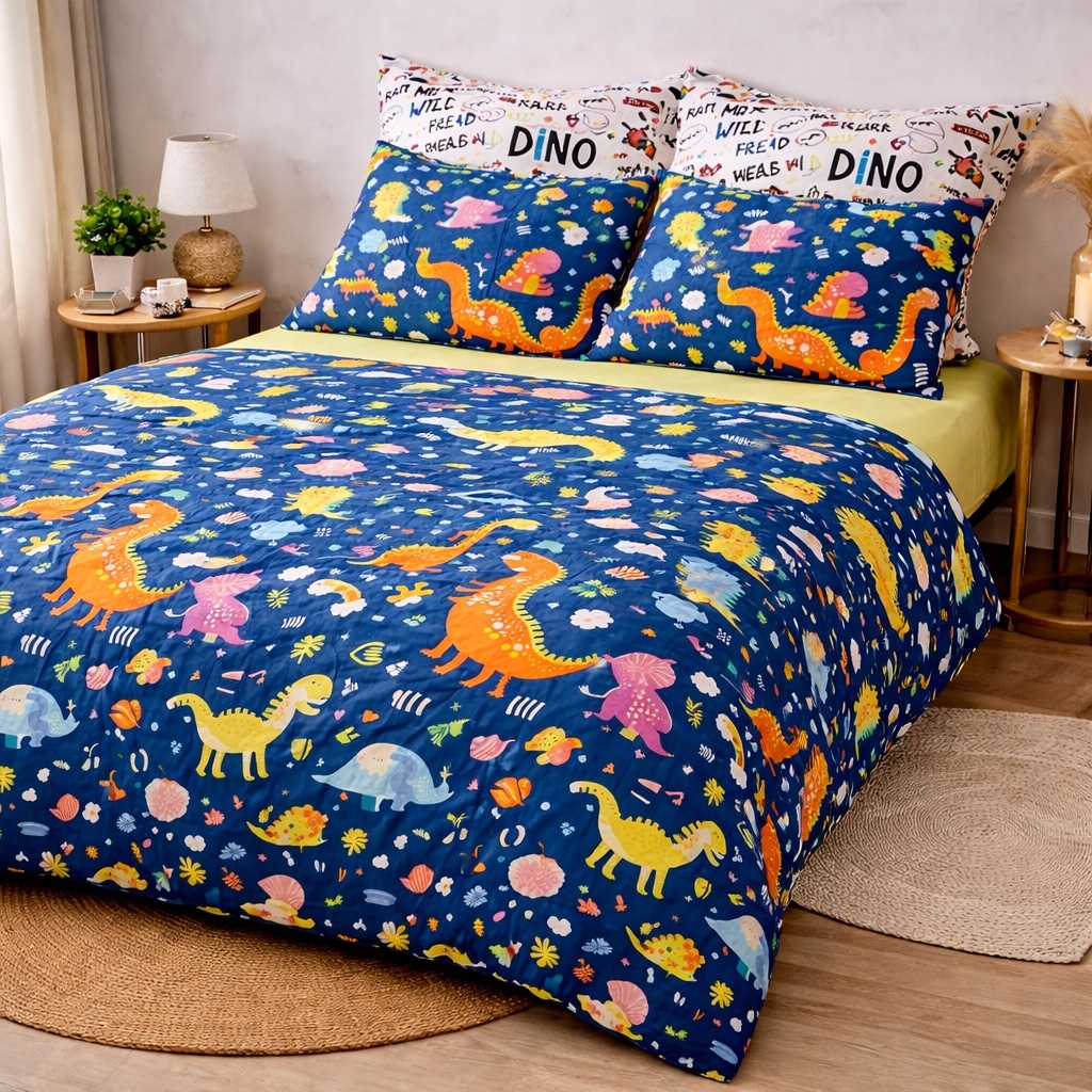 Poze Lenjerie pat dublu, bumbac satinat, cearsaf clasic, 4 piese,  Albastru, Dinozauri cumparamisim.ro