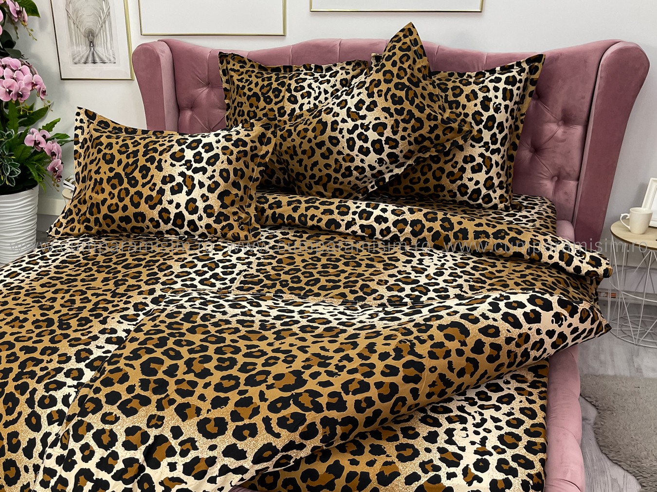 Poze Lenjerie pat dublu,  FINET, 6 piese, Jojo Home, Maro-Multicolor, animal print cumparamisim.ro