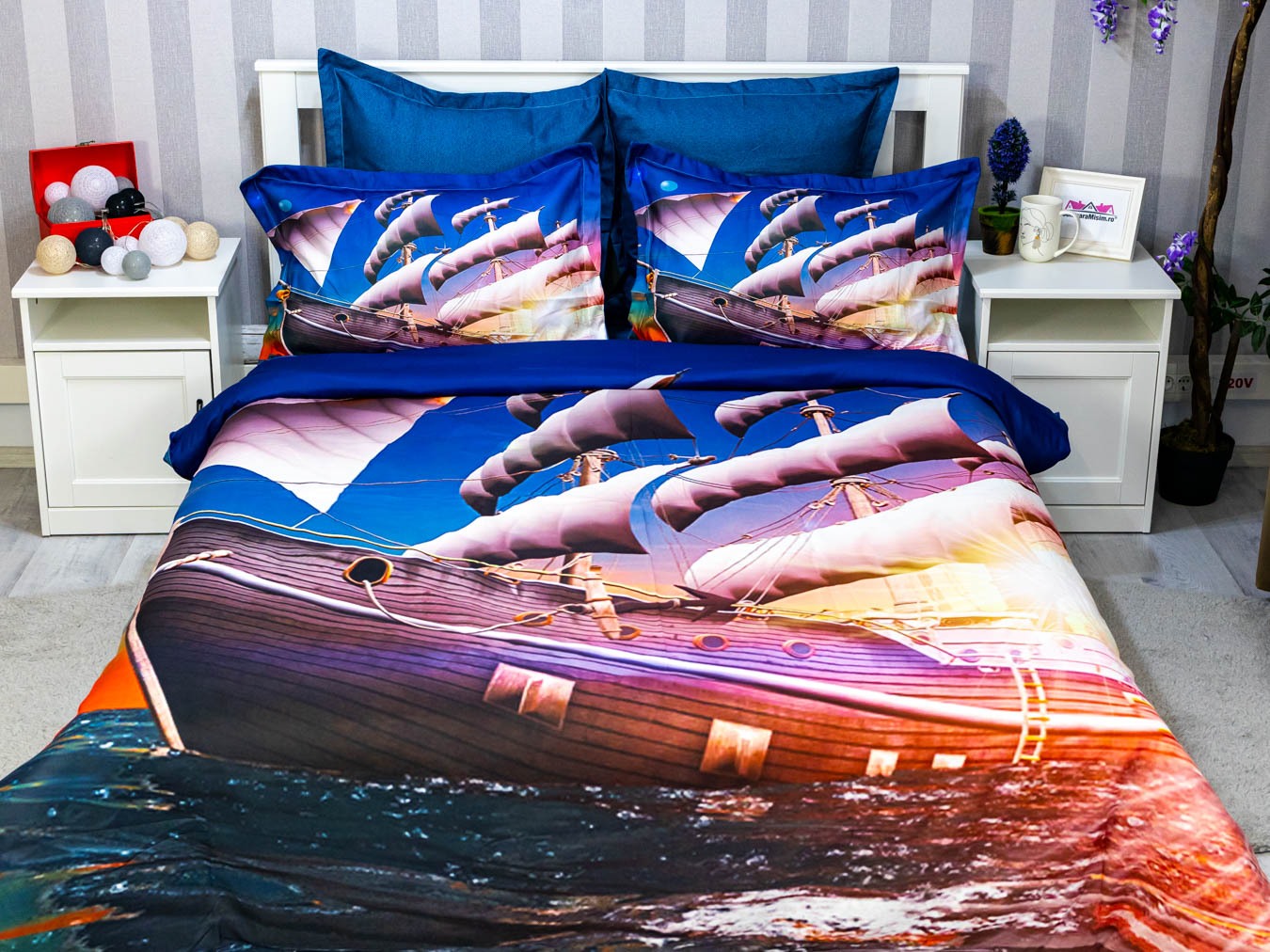 Poze Lenjerie pat dublu, FINET, 6 piese, IDENTICA CU POZA, Albastru, vapor cumparamisim.ro