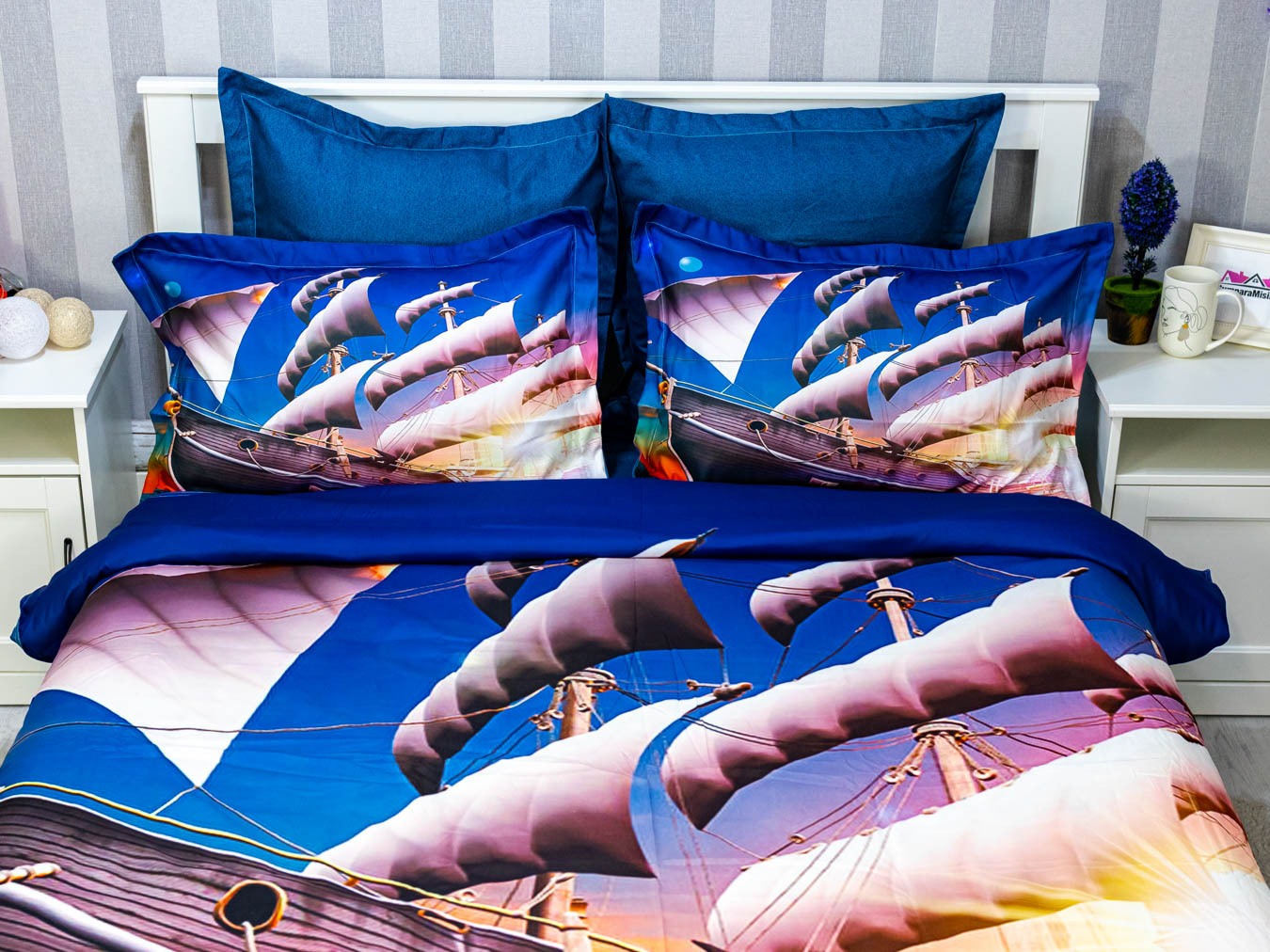 Poze Lenjerie pat dublu, FINET, 6 piese, IDENTICA CU POZA, Albastru, vapor cumparamisim.ro