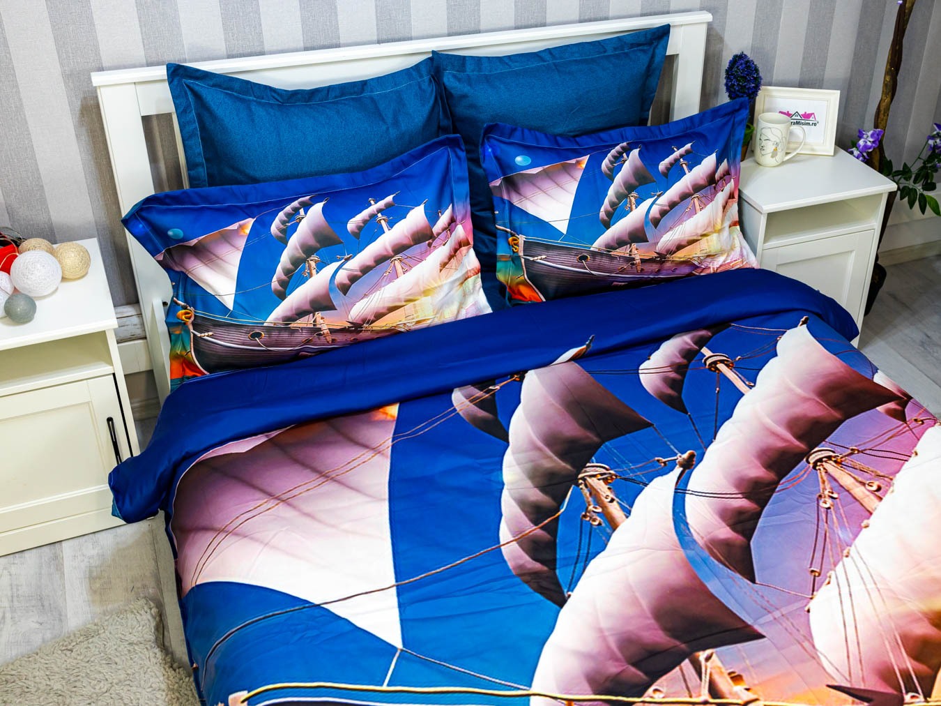 Poze Lenjerie pat dublu, FINET, 6 piese, IDENTICA CU POZA, Albastru, vapor cumparamisim.ro