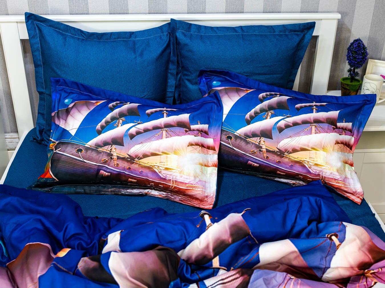 Poze Lenjerie pat dublu, FINET, 6 piese, IDENTICA CU POZA, Albastru, vapor cumparamisim.ro