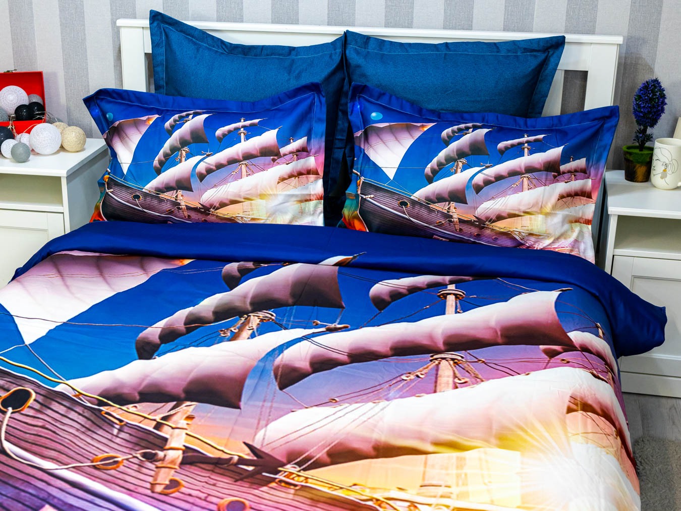 Poze Lenjerie pat dublu, FINET, 6 piese, IDENTICA CU POZA, Albastru, vapor cumparamisim.ro