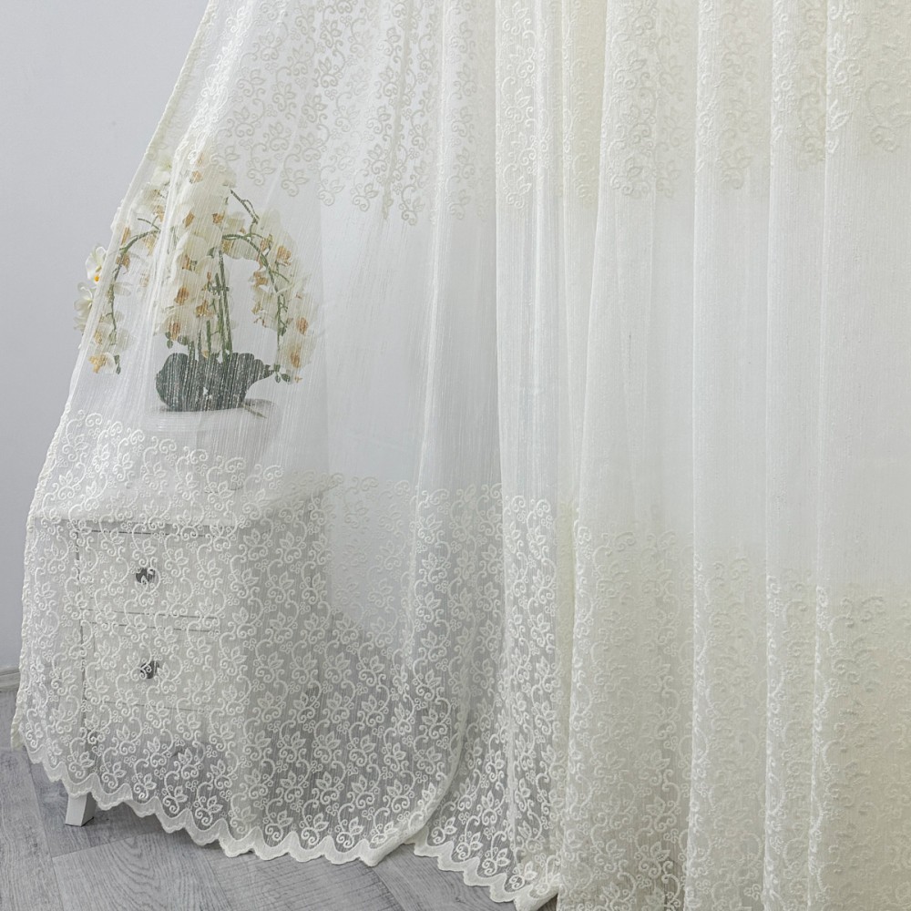 Perdea Florice tip IN cu Broderie, Ivoire, 140cm latime x 260cm inaltime, cu rejansa pt bara – imagine 4