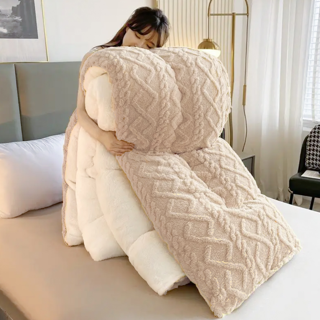Pilota CoCoLiNo Sherpa tip Tricotaj cu blanita, matlasata, 200x230cm, bej deschis - imagine 2