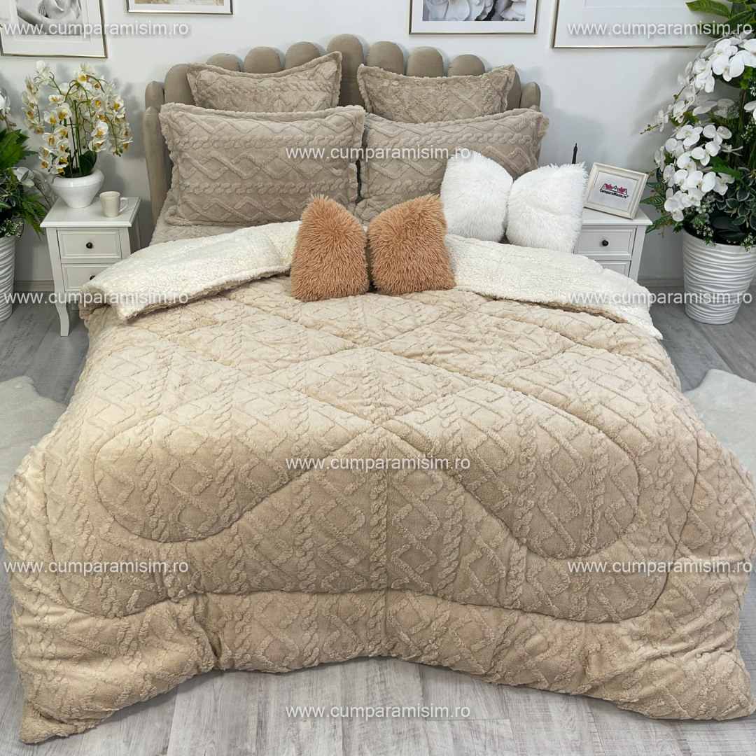 Pilota CoCoLiNo Sherpa tip Tricotaj cu blanita, matlasata, 200x230cm, bej deschis - imagine 4