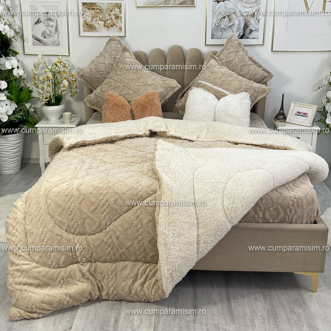 Pilota CoCoLiNo Sherpa tip Tricotaj cu blanita, matlasata, 200x230cm, bej deschis - imagine 7