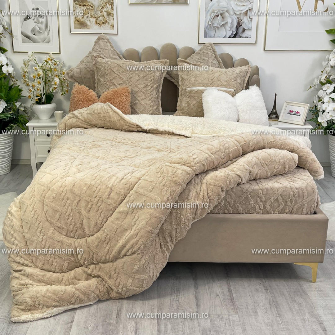 Pilota CoCoLiNo Sherpa tip Tricotaj cu blanita, matlasata, 200x230cm, bej deschis - imagine 8