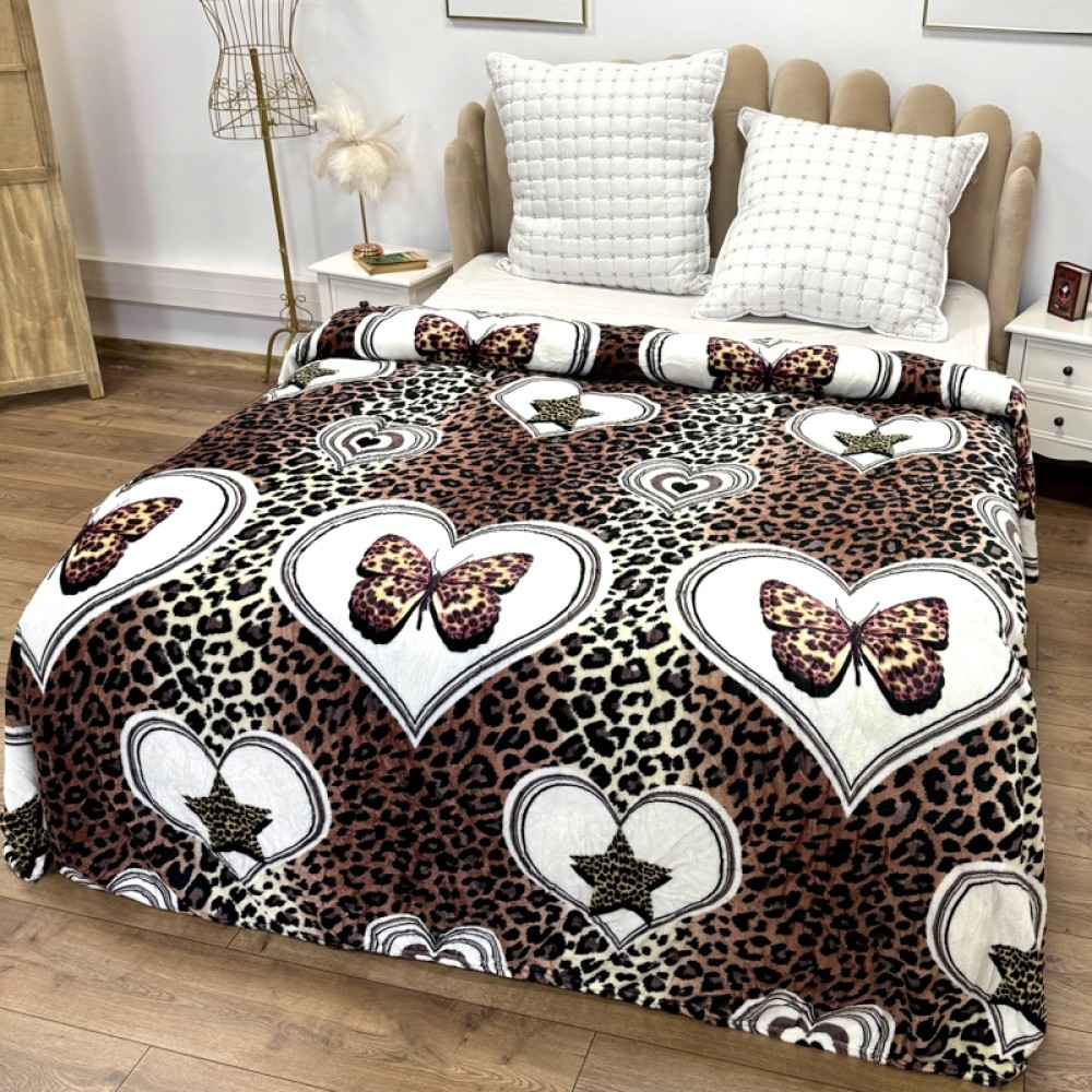 Patura pufoasa cocolino 200x230cm, 240g/mp, Maro, Negru, Animal print, Inimioare – imagine 2