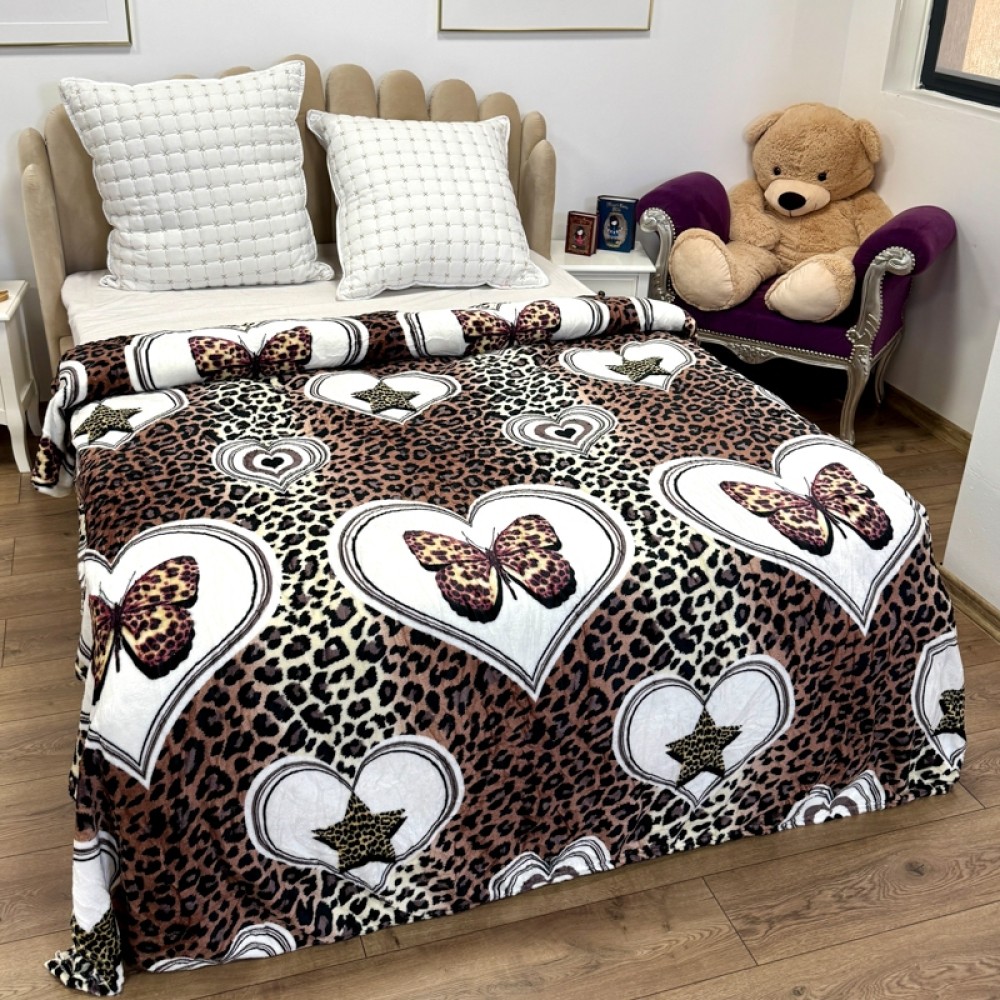 Patura pufoasa cocolino 200x230cm, 240g/mp, Maro, Negru, Animal print, Inimioare – imagine 3