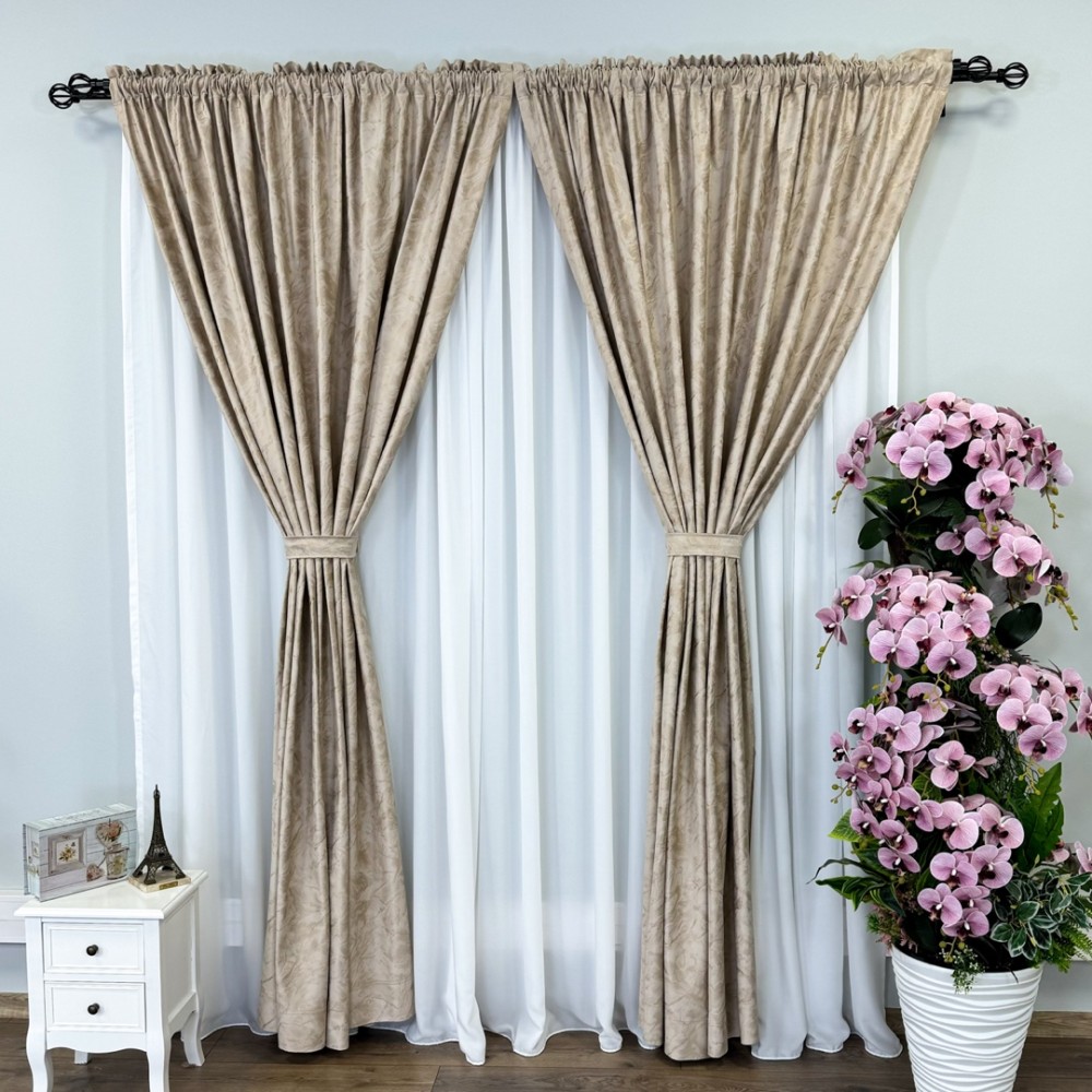 Draperie Catifea MYKONOS cu valuri rafinate aurii, 140cm latime x 260cm inaltime, cu TIV LAT, Bej - V3 – imagine 2