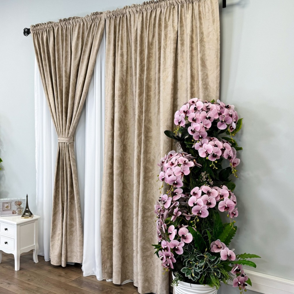 Draperie Catifea MYKONOS cu valuri rafinate aurii, 140cm latime x 260cm inaltime, cu TIV LAT, Bej - V3 – imagine 3