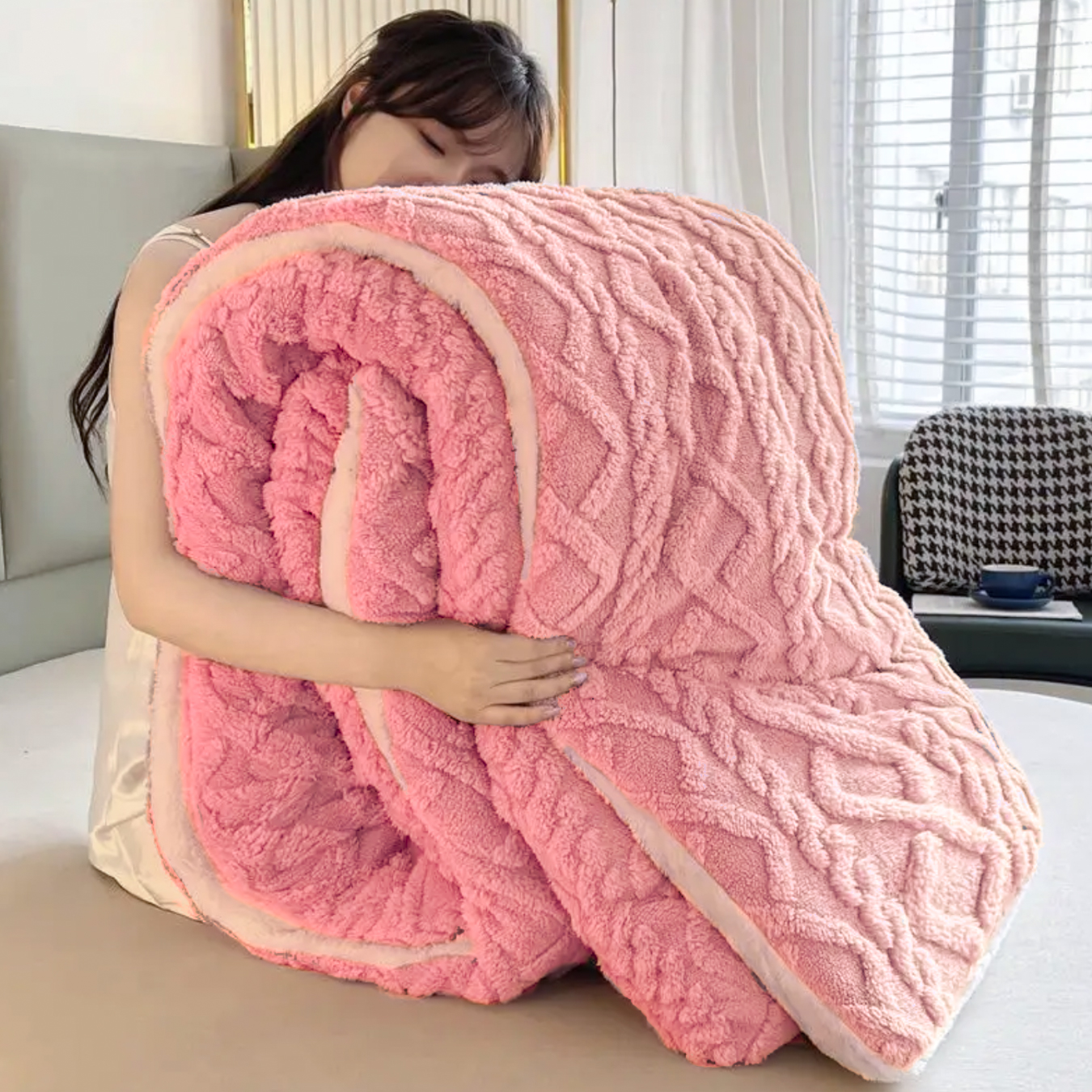 Pilota CoCoLiNo Sherpa tip Tricotaj cu blanita, matlasata, 200x230cm, roz - imagine 2