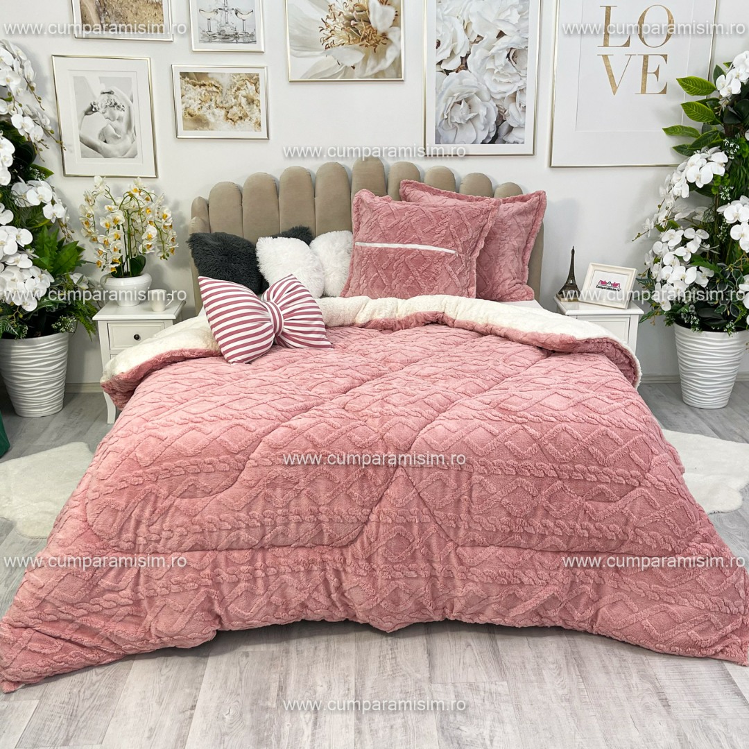 Pilota CoCoLiNo Sherpa tip Tricotaj cu blanita, matlasata, 200x230cm, roz - imagine 4
