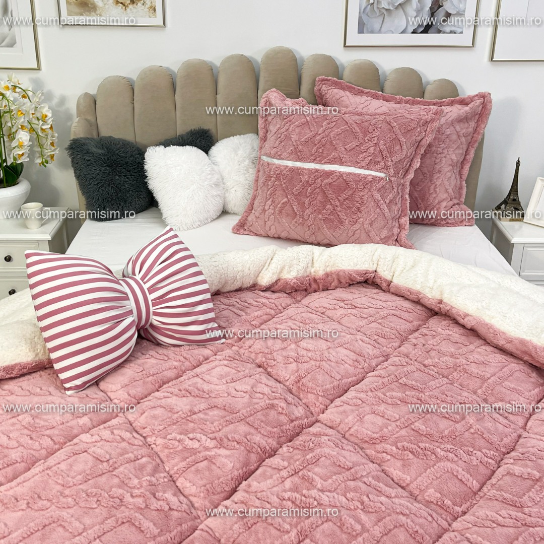 Pilota CoCoLiNo Sherpa tip Tricotaj cu blanita, matlasata, 200x230cm, roz - imagine 5