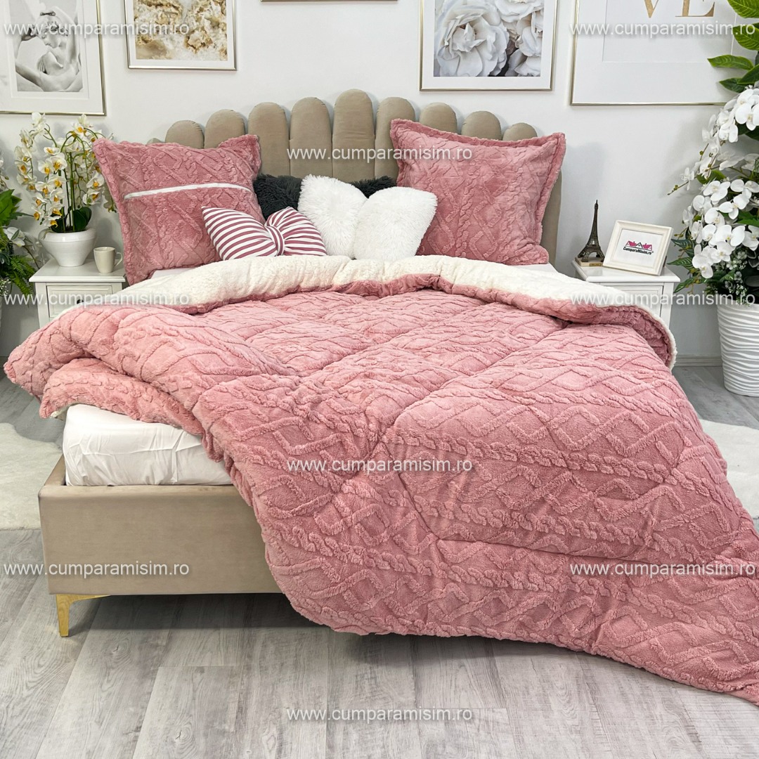Pilota CoCoLiNo Sherpa tip Tricotaj cu blanita, matlasata, 200x230cm, roz - imagine 8