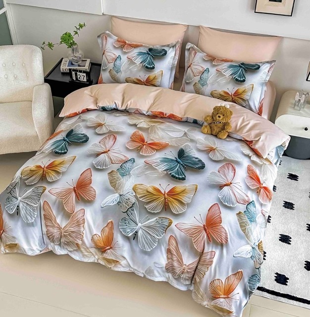 Lenjerie pat dublu, FINET, Imprimeu Digital 5D - Identic cu poza, Cu ELASTIC, 6 piese, Jojo Home, Crem, Bej, Fluturi - imagine 2