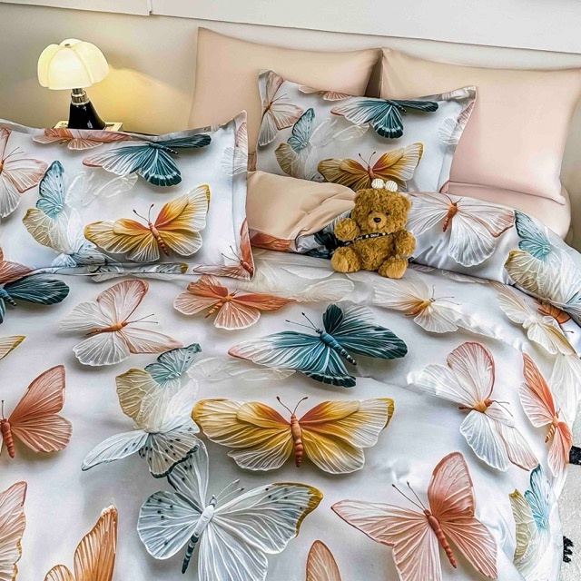 Lenjerie pat dublu, FINET, Imprimeu Digital 5D - Identic cu poza, Cu ELASTIC, 6 piese, Jojo Home, Crem, Bej, Fluturi - imagine 3