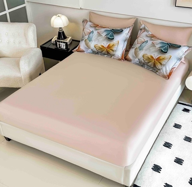 Lenjerie pat dublu, FINET, Imprimeu Digital 5D - Identic cu poza, Cu ELASTIC, 6 piese, Jojo Home, Crem, Bej, Fluturi - imagine 4
