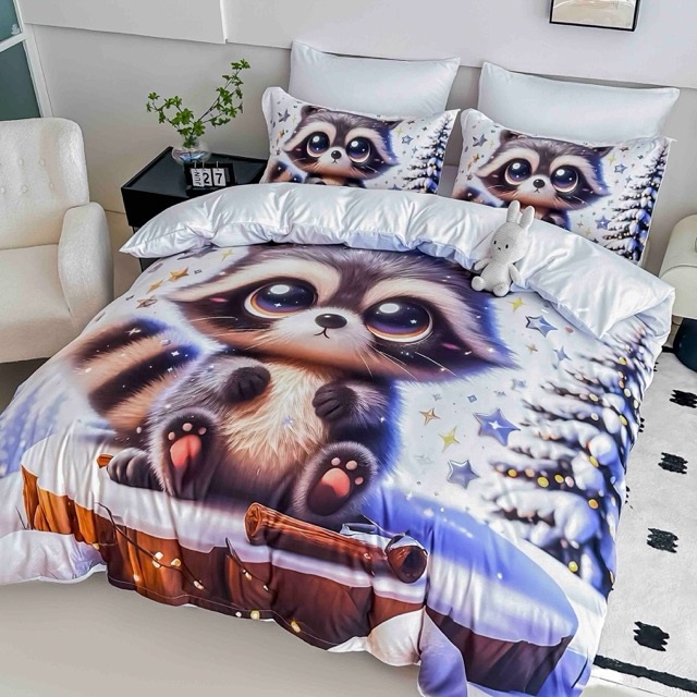 Lenjerie pat dublu, FINET, Imprimeu Digital 5D - Identic cu poza, Cu ELASTIC, 6 piese, Jojo Home, Alb, Raton - imagine 2