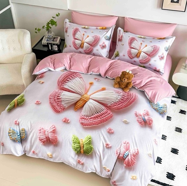 Lenjerie pat dublu, FINET, Imprimeu Digital 5D - Identic cu poza, Cu ELASTIC, 6 piese, Jojo Home, Alb, Roz, Fluturi - imagine 2