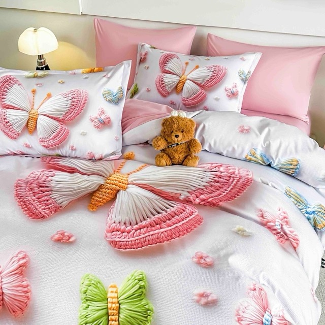 Lenjerie pat dublu, FINET, Imprimeu Digital 5D - Identic cu poza, Cu ELASTIC, 6 piese, Jojo Home, Alb, Roz, Fluturi - imagine 3
