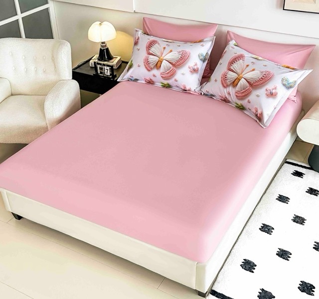 Lenjerie pat dublu, FINET, Imprimeu Digital 5D - Identic cu poza, Cu ELASTIC, 6 piese, Jojo Home, Alb, Roz, Fluturi - imagine 4