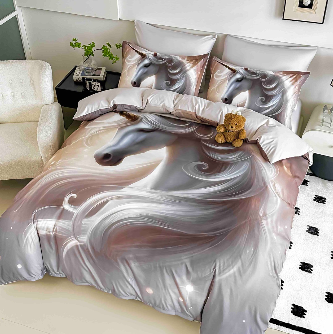 Lenjerie pat dublu, FINET, Imprimeu Digital 5D - Identic cu poza, Cu ELASTIC, 6 piese, Jojo Home, Alb, Gri, Unicorn - imagine 2