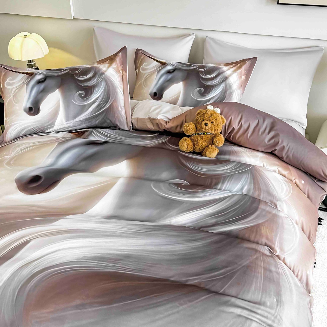 Lenjerie pat dublu, FINET, Imprimeu Digital 5D - Identic cu poza, Cu ELASTIC, 6 piese, Jojo Home, Alb, Gri, Unicorn - imagine 3