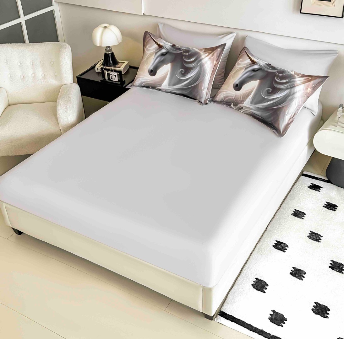 Lenjerie pat dublu, FINET, Imprimeu Digital 5D - Identic cu poza, Cu ELASTIC, 6 piese, Jojo Home, Alb, Gri, Unicorn - imagine 4